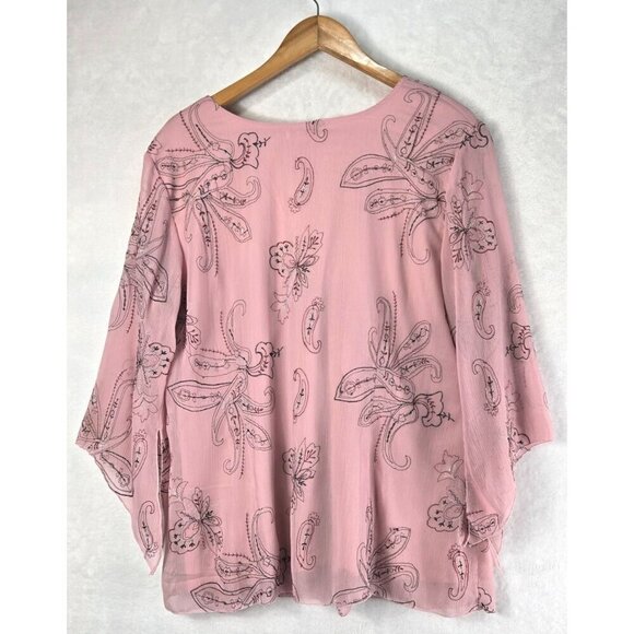 Pink Tunic Blouse Kimono Sleeve 1X Dressbarn Paisley Floral Whimsygoth Fairycore - Picture 6 of 14